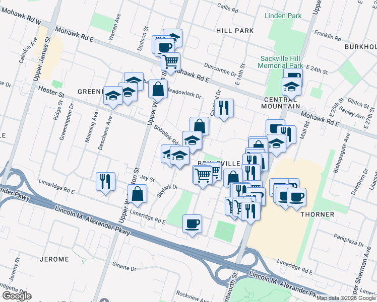 map of restaurants, bars, coffee shops, grocery stores, and more near in Hamilton