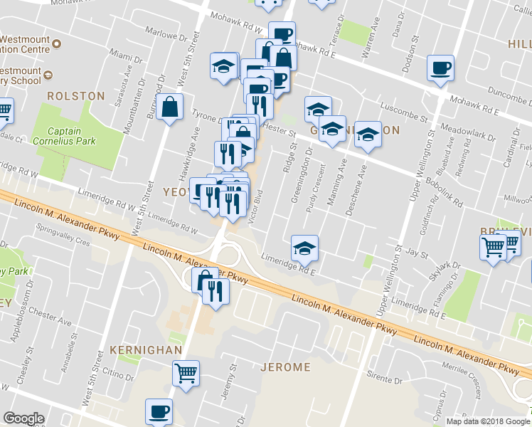 map of restaurants, bars, coffee shops, grocery stores, and more near 176 Ridge Street in Hamilton