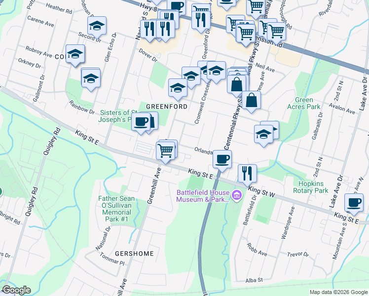 map of restaurants, bars, coffee shops, grocery stores, and more near 21 Orlanda Road in Hamilton