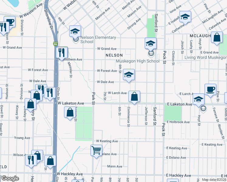 map of restaurants, bars, coffee shops, grocery stores, and more near 310 West Larch Avenue in Muskegon