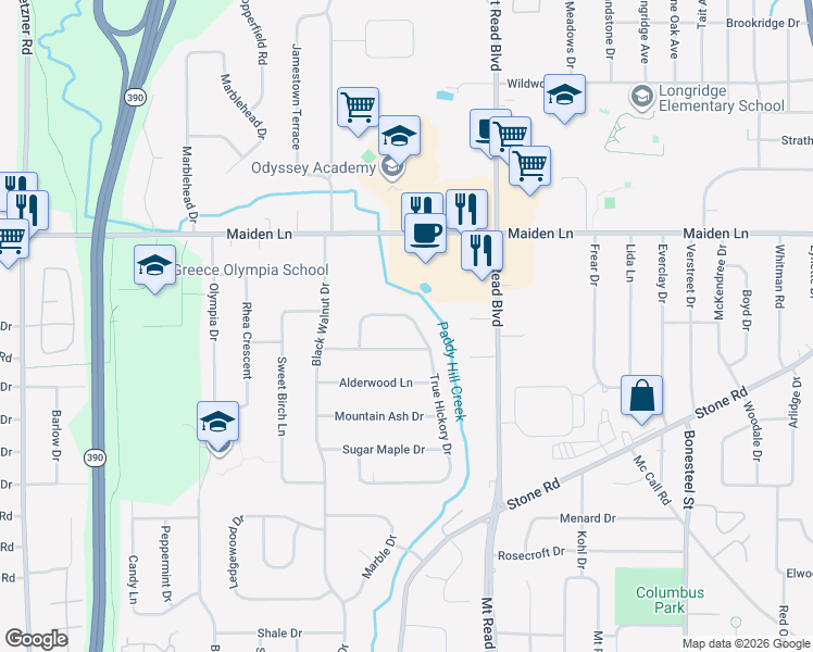 map of restaurants, bars, coffee shops, grocery stores, and more near 129 True Hickory Dr in Rochester