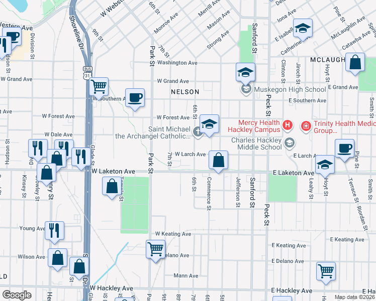 map of restaurants, bars, coffee shops, grocery stores, and more near 310 West Larch Avenue in Muskegon