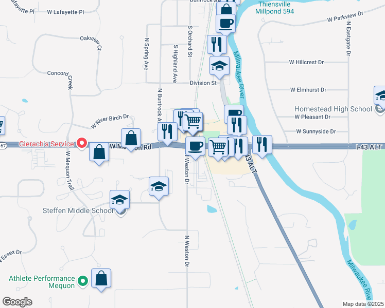 map of restaurants, bars, coffee shops, grocery stores, and more near 6213 West Mequon Road in Mequon
