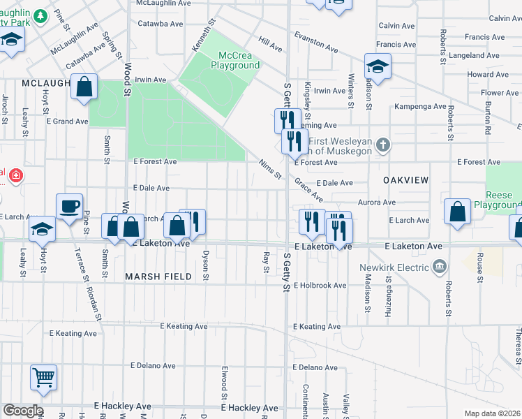 map of restaurants, bars, coffee shops, grocery stores, and more near 1725 Ray Street in Muskegon