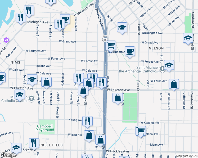 map of restaurants, bars, coffee shops, grocery stores, and more near 700 West Larch Avenue in Muskegon