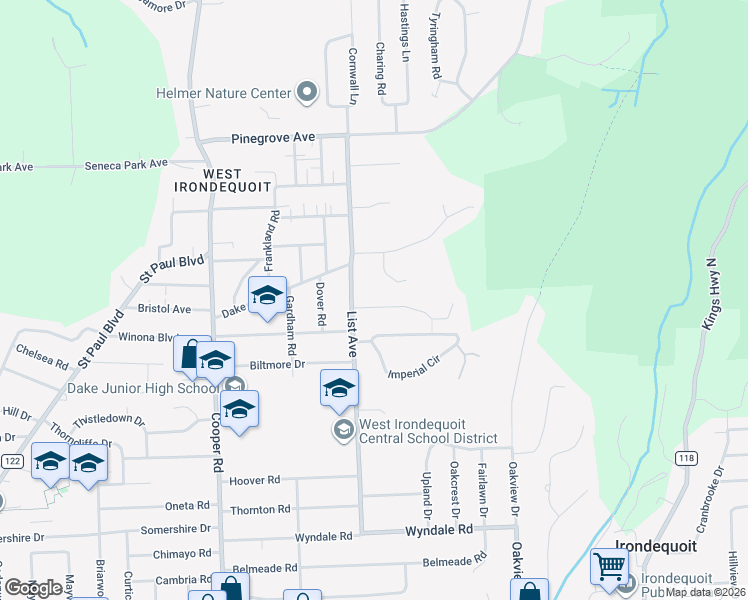 map of restaurants, bars, coffee shops, grocery stores, and more near 32 Old North Hill in Irondequoit