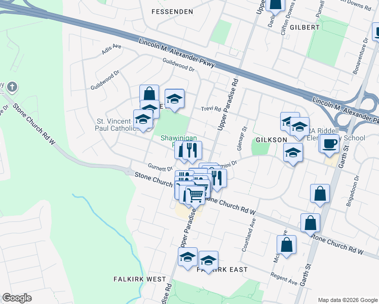 map of restaurants, bars, coffee shops, grocery stores, and more near 39 Megna Court in Hamilton