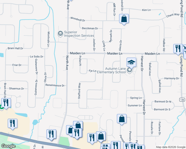 map of restaurants, bars, coffee shops, grocery stores, and more near 17 Stafford Way in Rochester
