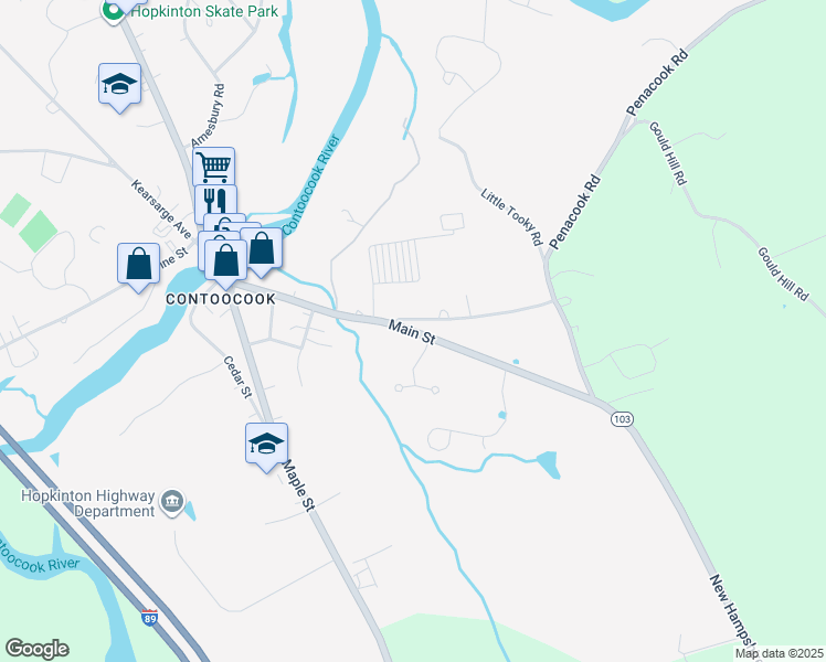 map of restaurants, bars, coffee shops, grocery stores, and more near Main Street in Hopkinton