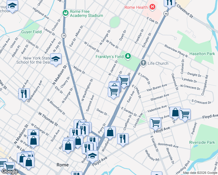 map of restaurants, bars, coffee shops, grocery stores, and more near 910 Franklyn Street in Rome