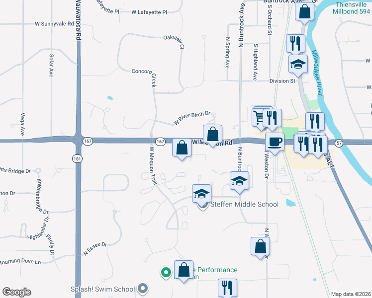 map of restaurants, bars, coffee shops, grocery stores, and more near 6809 West Mequon Road in Mequon