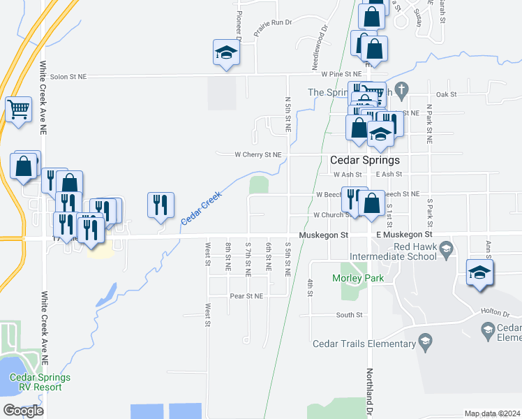 map of restaurants, bars, coffee shops, grocery stores, and more near 263 Church Street Court in Cedar Springs
