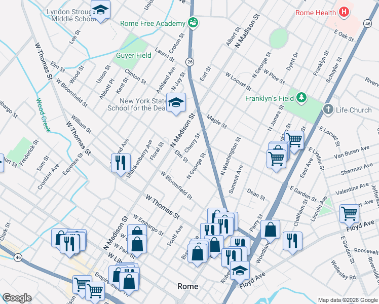 map of restaurants, bars, coffee shops, grocery stores, and more near 700 Cherry Street in Rome