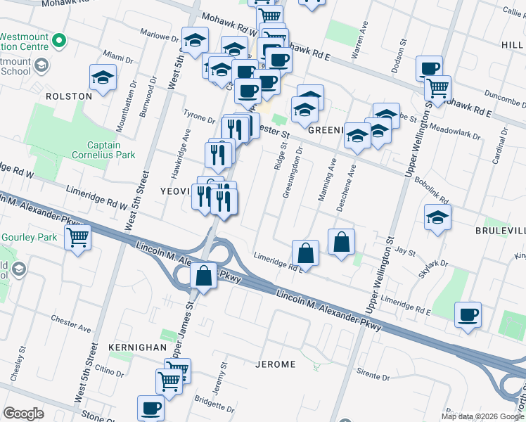 map of restaurants, bars, coffee shops, grocery stores, and more near 176 Ridge Street in Hamilton