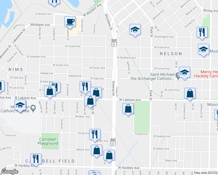 map of restaurants, bars, coffee shops, grocery stores, and more near 700 West Larch Avenue in Muskegon