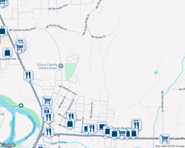 map of restaurants, bars, coffee shops, grocery stores, and more near 881 Northeast Granite Ridge in Roseburg