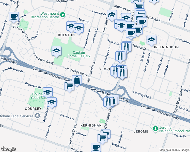 map of restaurants, bars, coffee shops, grocery stores, and more near 90 Limeridge Road West in Hamilton