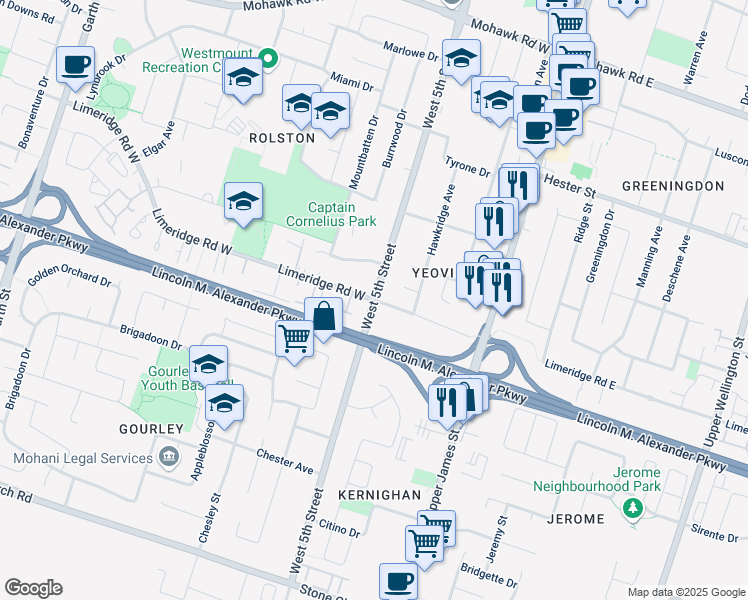 map of restaurants, bars, coffee shops, grocery stores, and more near West 5th Street & Limeridge Rd W in Hamilton