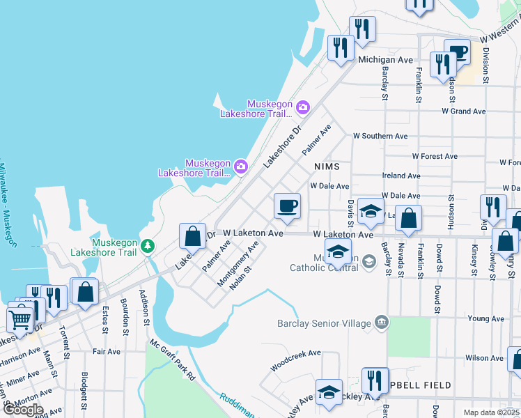 map of restaurants, bars, coffee shops, grocery stores, and more near 1752 Schuyler Street in Muskegon