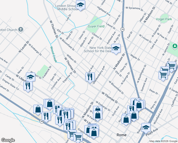 map of restaurants, bars, coffee shops, grocery stores, and more near 507 William Street in Rome