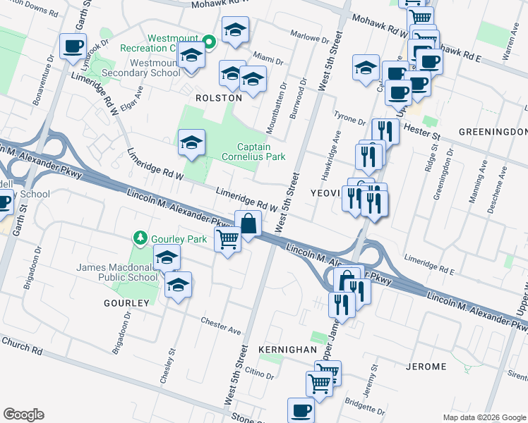 map of restaurants, bars, coffee shops, grocery stores, and more near in Hamilton