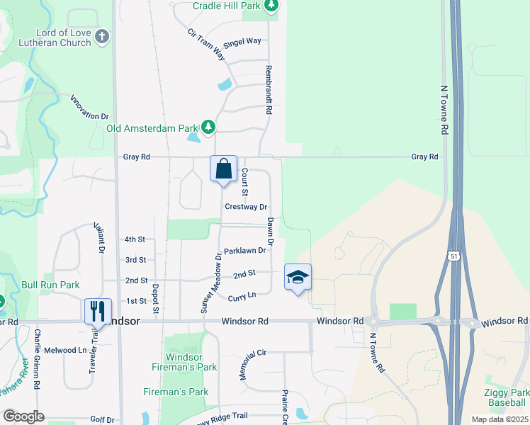 map of restaurants, bars, coffee shops, grocery stores, and more near 6812 Dawn Drive in Windsor