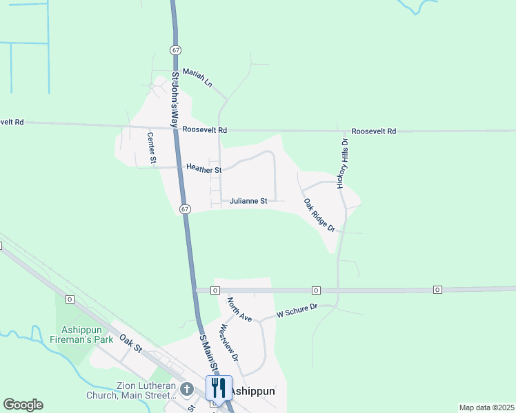map of restaurants, bars, coffee shops, grocery stores, and more near W2399 Julianne Street in Oconomowoc