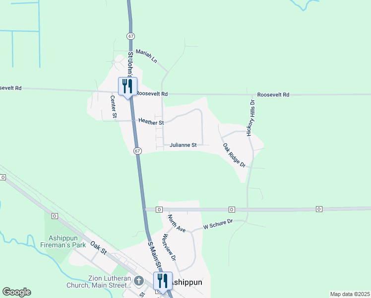 map of restaurants, bars, coffee shops, grocery stores, and more near W2399 Julianne Street in Oconomowoc