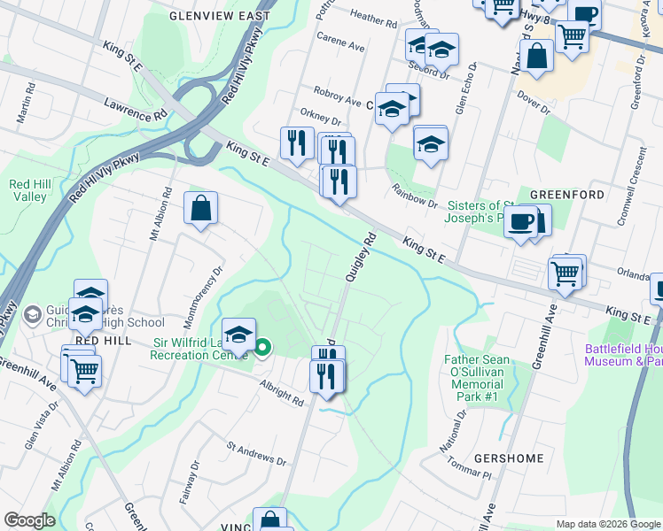 map of restaurants, bars, coffee shops, grocery stores, and more near 100 Quigley Road in Hamilton