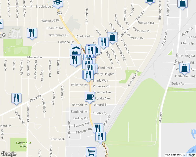 map of restaurants, bars, coffee shops, grocery stores, and more near 98 Shady Way in Rochester