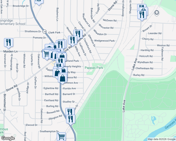map of restaurants, bars, coffee shops, grocery stores, and more near 29 California Drive in Rochester