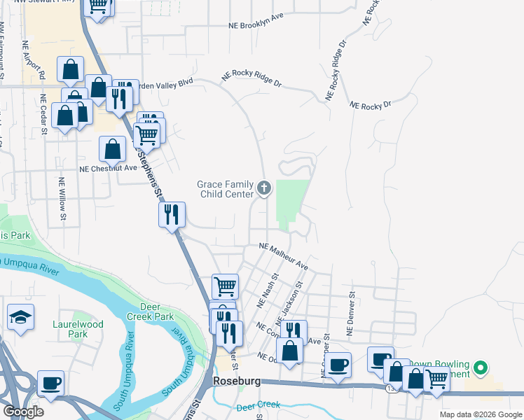 map of restaurants, bars, coffee shops, grocery stores, and more near 1057 Northeast Lincoln Street in Roseburg