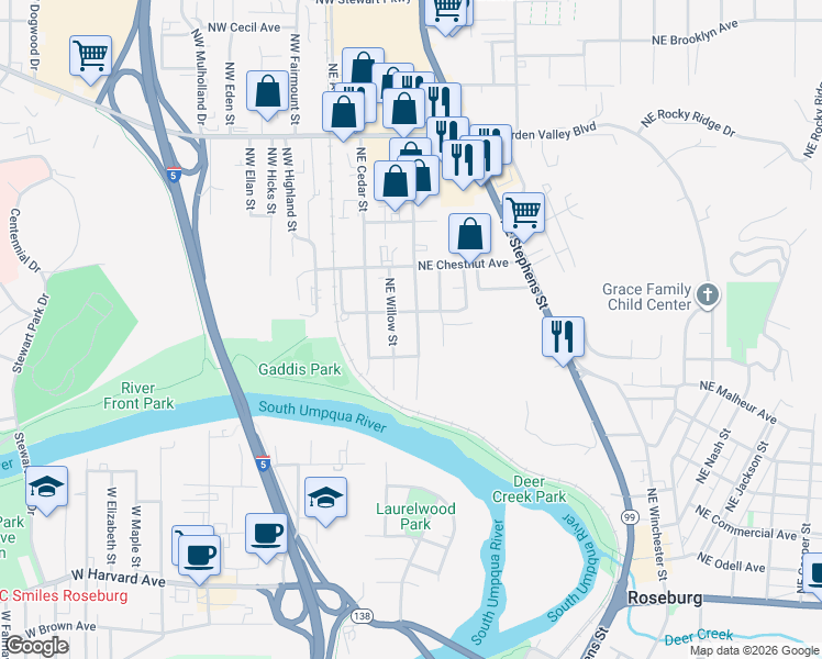 map of restaurants, bars, coffee shops, grocery stores, and more near 931 Walnut Street in Roseburg