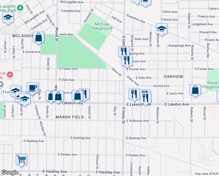map of restaurants, bars, coffee shops, grocery stores, and more near 1725 Ray Street in Muskegon
