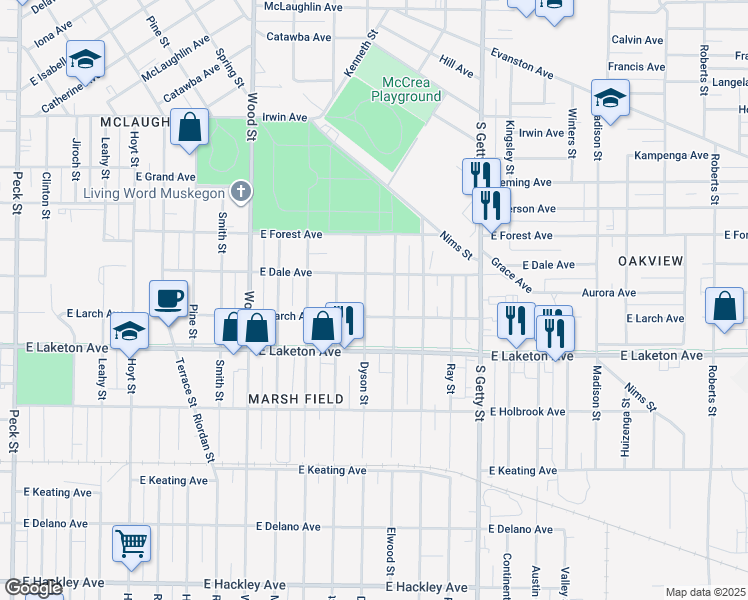 map of restaurants, bars, coffee shops, grocery stores, and more near 1724 Dyson Street in Muskegon