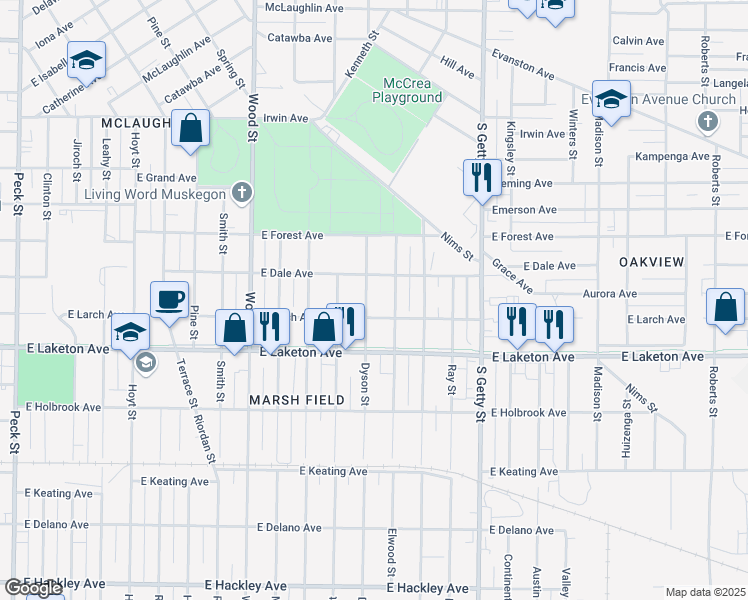 map of restaurants, bars, coffee shops, grocery stores, and more near 1710 Dyson Street in Muskegon