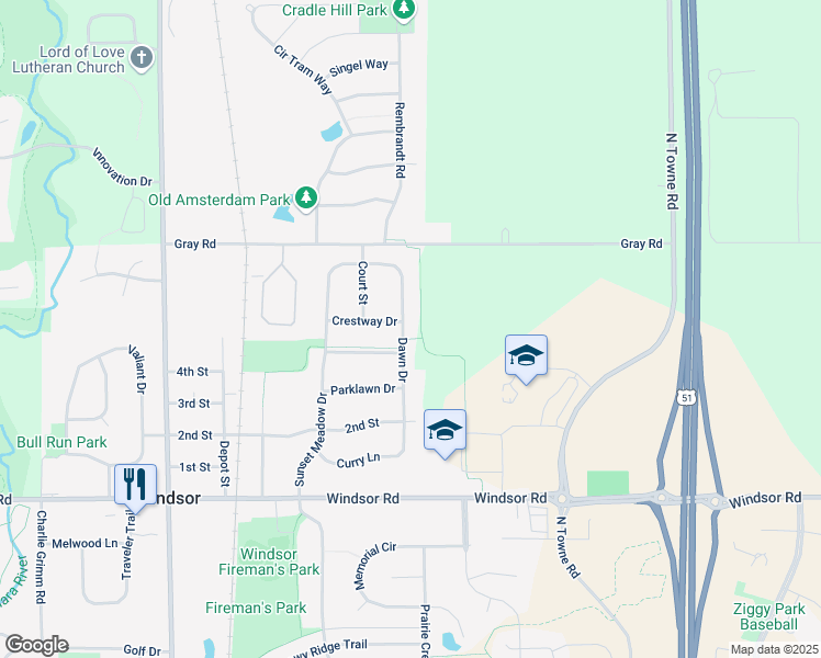 map of restaurants, bars, coffee shops, grocery stores, and more near 6812 Dawn Drive in DeForest