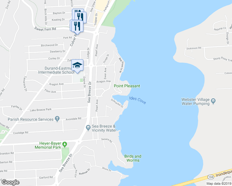 map of restaurants, bars, coffee shops, grocery stores, and more near 127 Schnackel Drive in Rochester