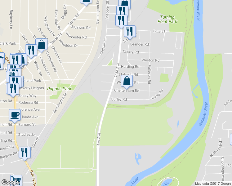 map of restaurants, bars, coffee shops, grocery stores, and more near 21 Cheltenham Road in Rochester
