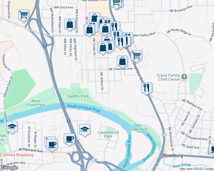 map of restaurants, bars, coffee shops, grocery stores, and more near 931 Walnut Street in Roseburg