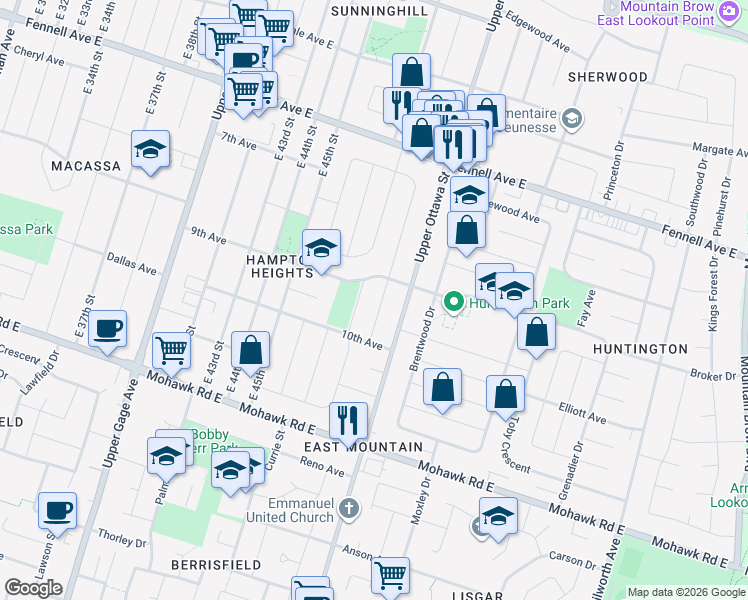 map of restaurants, bars, coffee shops, grocery stores, and more near 19 Winchester Boulevard in Hamilton
