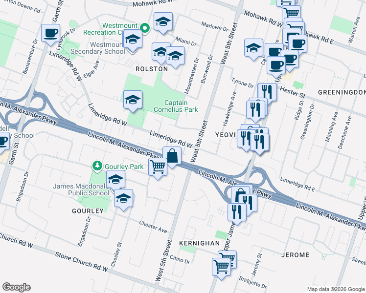 map of restaurants, bars, coffee shops, grocery stores, and more near 125 Limeridge Road West in Hamilton