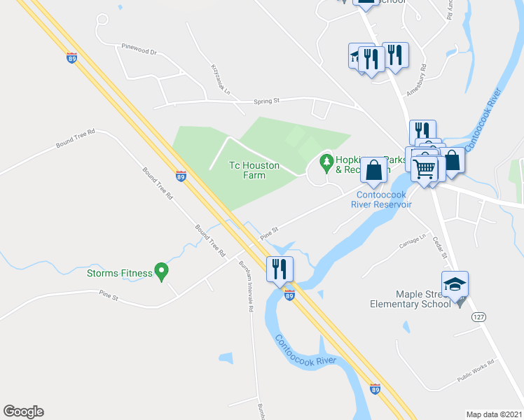 map of restaurants, bars, coffee shops, grocery stores, and more near 242 Pine Street in Hopkinton
