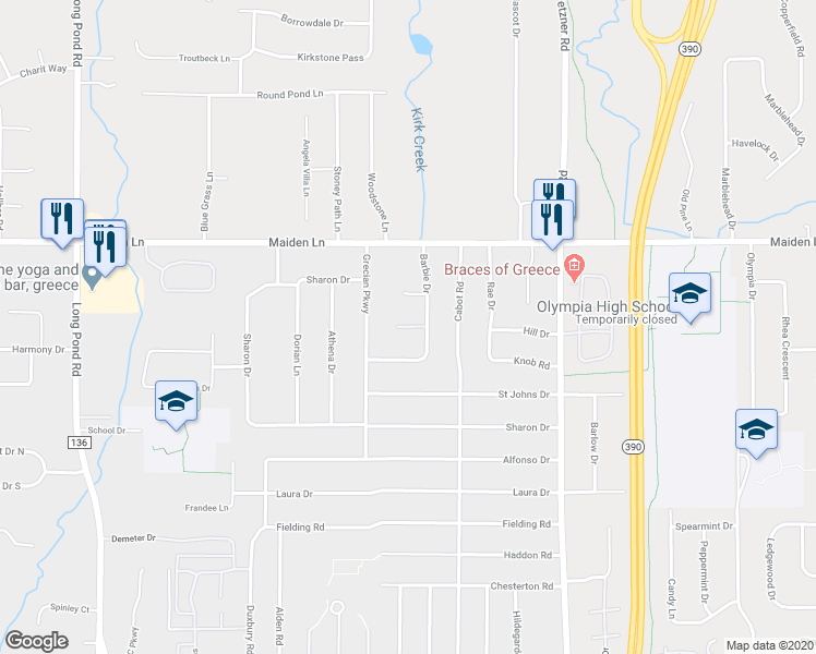 map of restaurants, bars, coffee shops, grocery stores, and more near 60 Barbie Court in Rochester