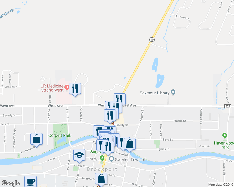 map of restaurants, bars, coffee shops, grocery stores, and more near 4099 Lake Road in Brockport