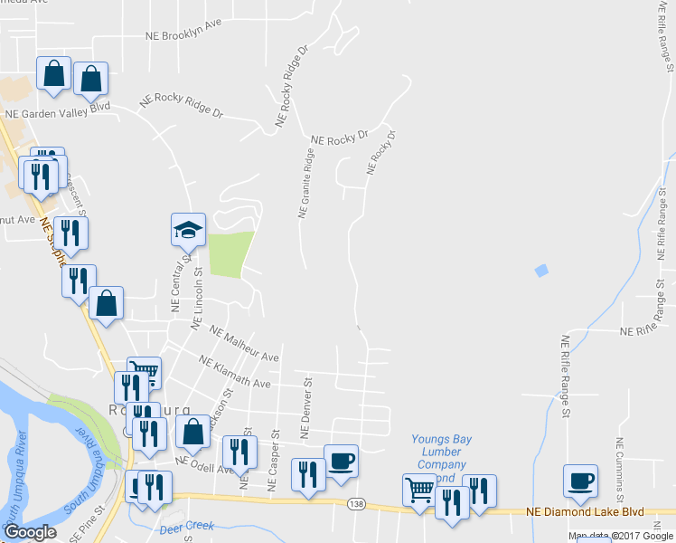 map of restaurants, bars, coffee shops, grocery stores, and more near 1268 Northeast Rocky Drive in Roseburg