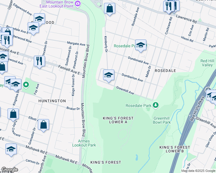 map of restaurants, bars, coffee shops, grocery stores, and more near 50 Greenhill Avenue in Hamilton