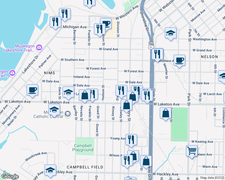 map of restaurants, bars, coffee shops, grocery stores, and more near 1749 Division Street in Muskegon