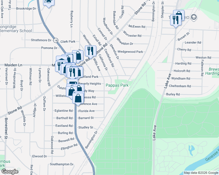 map of restaurants, bars, coffee shops, grocery stores, and more near 143 Willis Avenue in Rochester