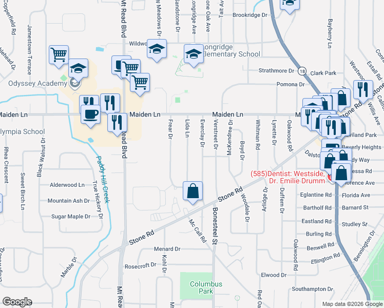 map of restaurants, bars, coffee shops, grocery stores, and more near 126 Lida Lane in Rochester